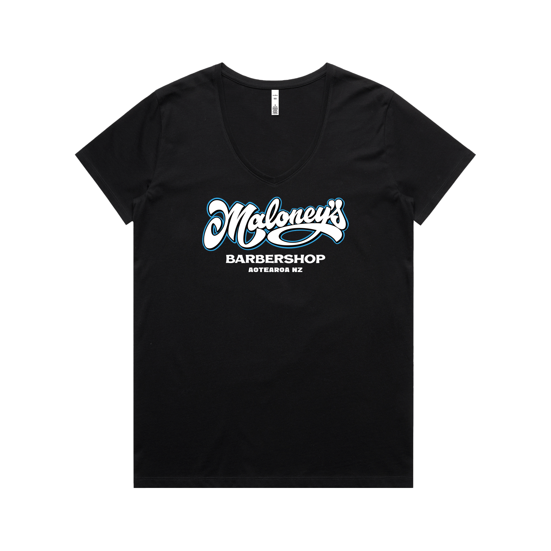 Maloney's Barber - Otis Frizzell - Women's Black Tee - Blue Logo
