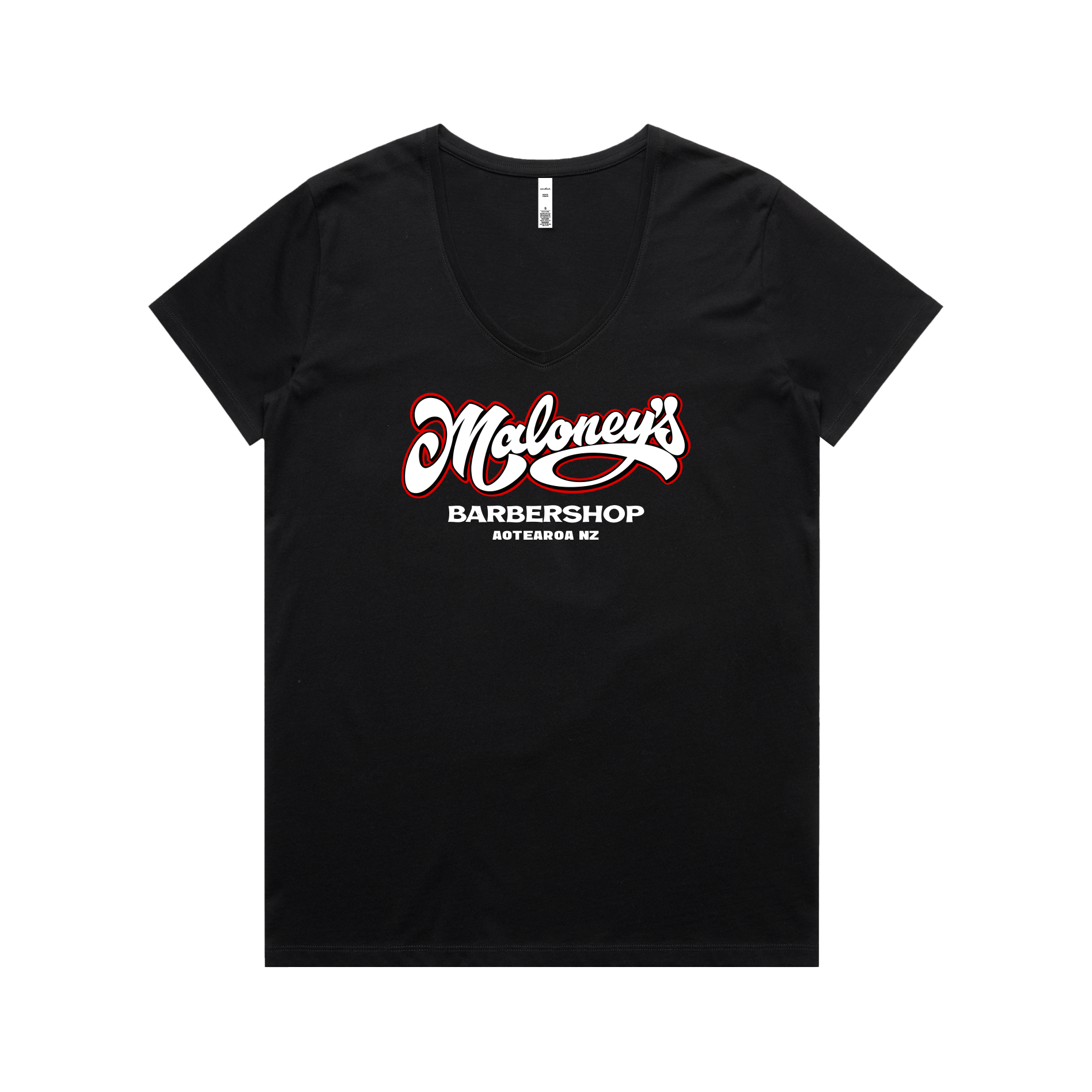Maloney's Barber - Otis Frizzell - Women's Black Tee - Red Logo