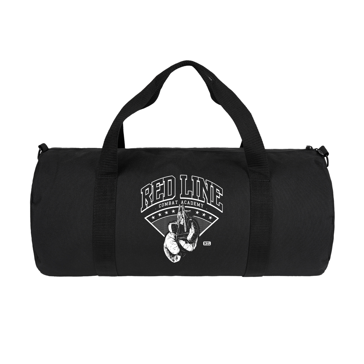 Black gym bag by Red Line Combat Academy with sturdy handles and zippered compartments, designed for workout and gym essentials.