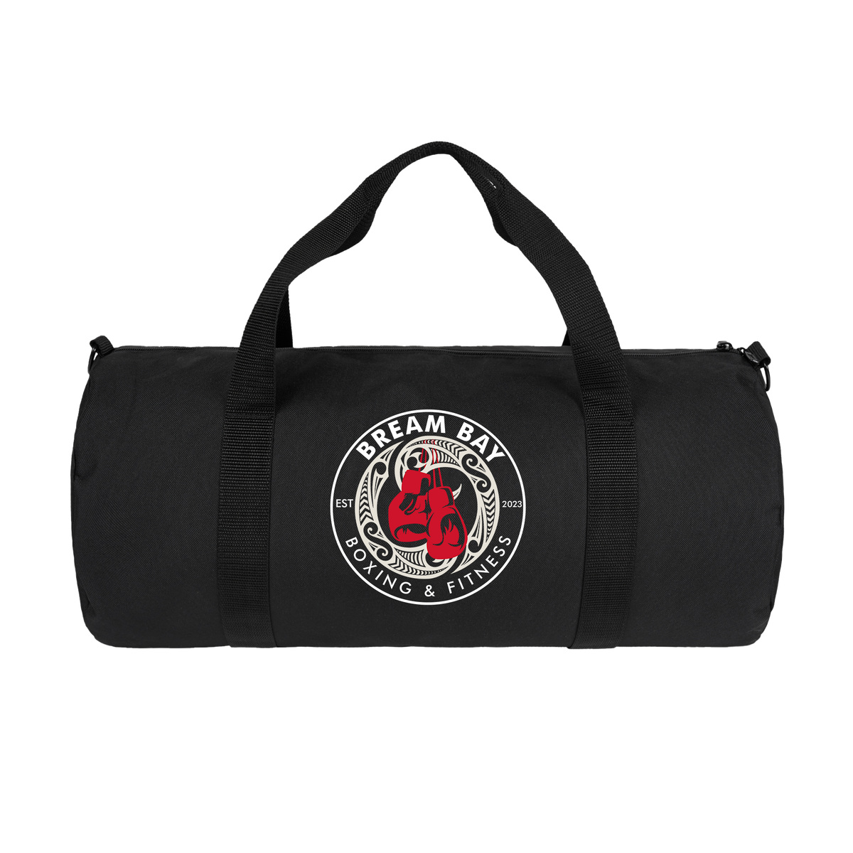 Black Bream Bay Boxing gym bag with front zipper pocket and carrying handles for easy transport.