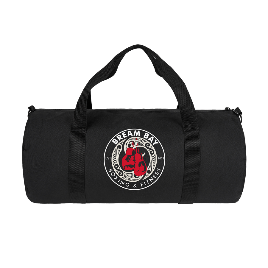 Black Bream Bay Boxing gym bag with front zipper pocket and carrying handles for easy transport.
