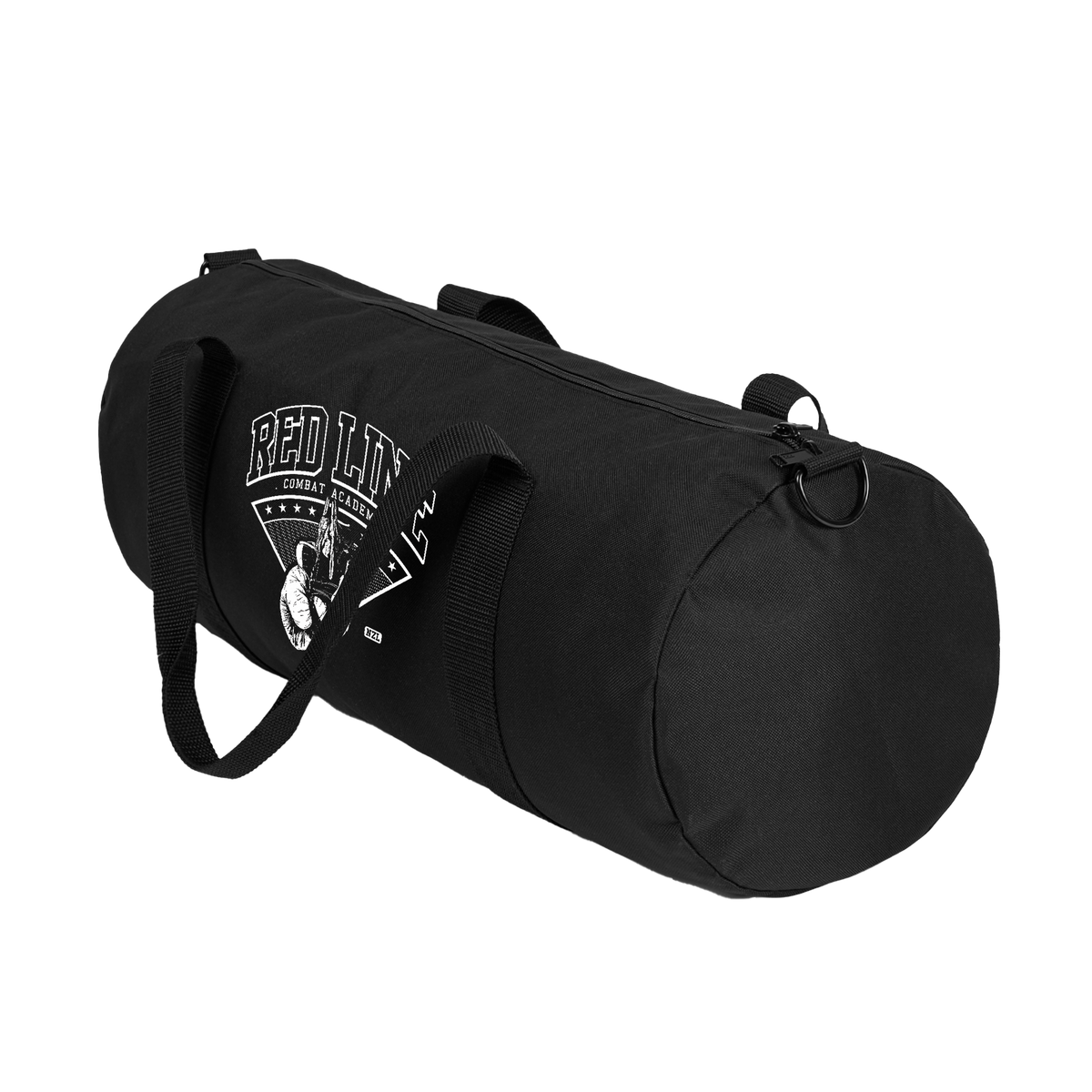 Black gym bag by Red Line Combat Academy featuring sturdy handles and spacious main compartment for workout gear.