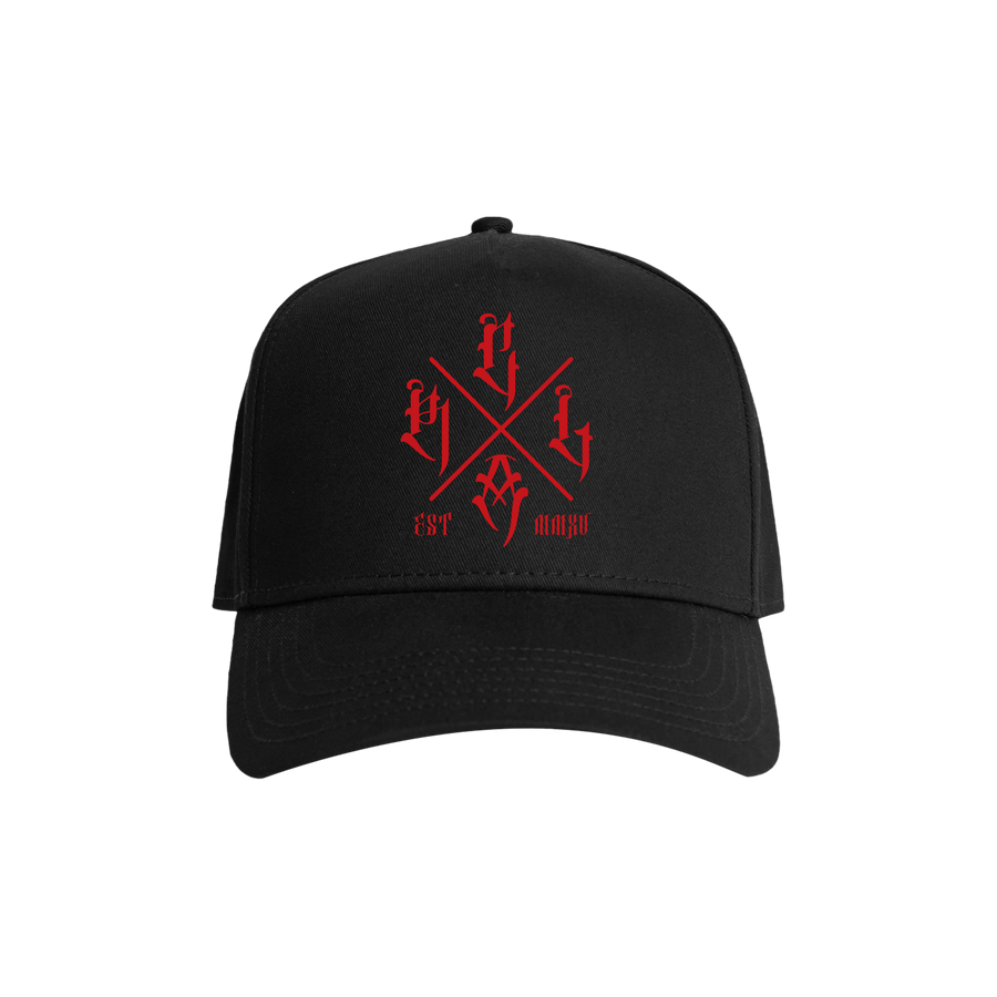 Black snapback hat with red logo front, by Red Line Combat Academy, featuring a structured crown and flat brim.