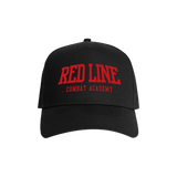 Black snapback hat with red logo branding from Red Line Combat Academy, front view showing the logo design.