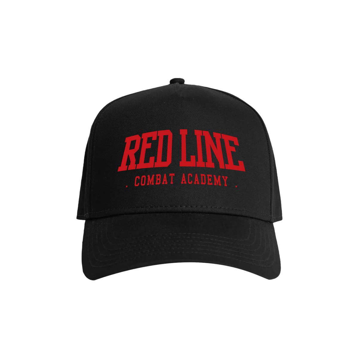 Black snapback hat with red logo branding from Red Line Combat Academy, front view showing the logo design.