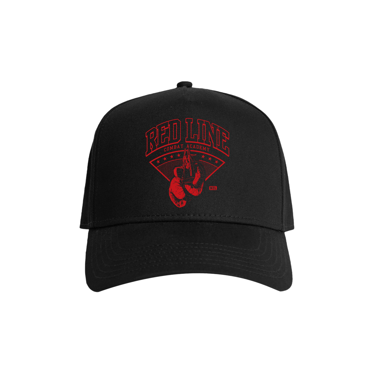 Black snapback hat with red logo from Red Line Combat Academy, front view showing the bold logo design.
