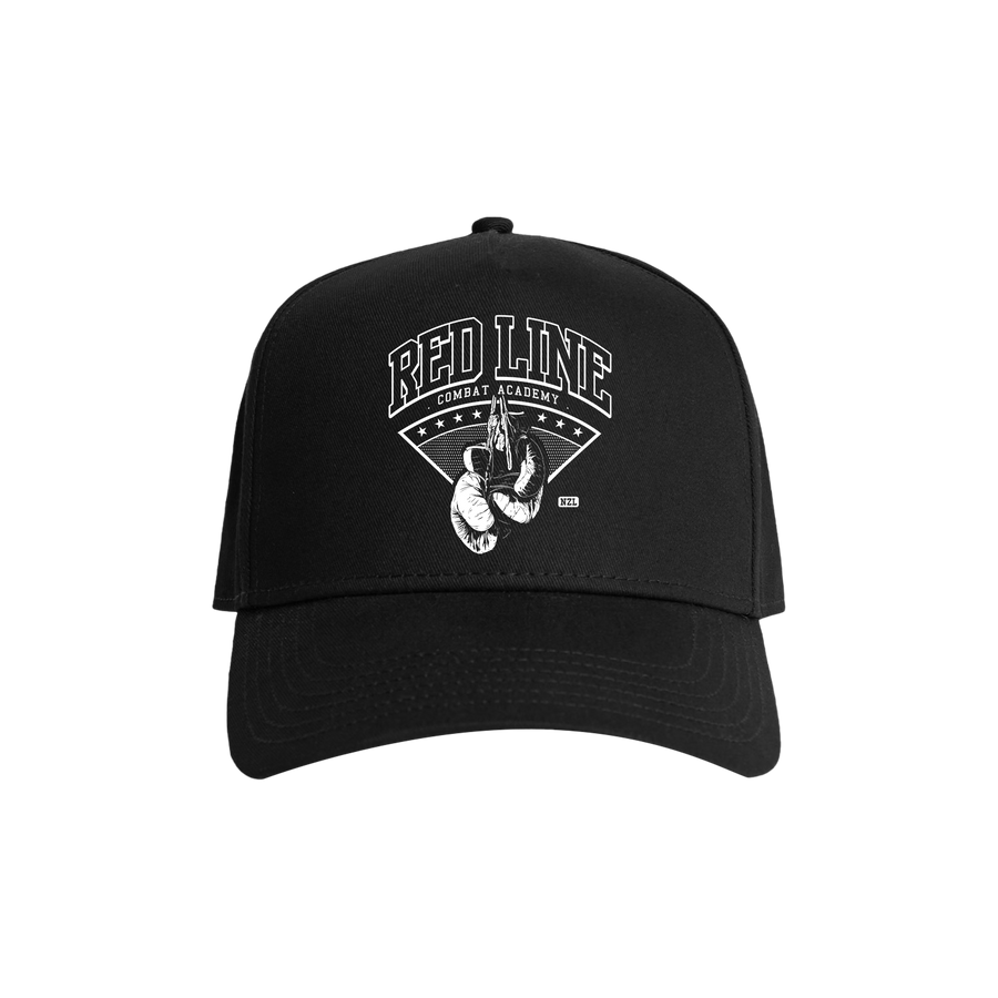 Black snapback hat with white Red Line Combat Academy logo on front, stylish accessory for casual wear.