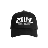 Black snapback hat with white logo front display, branded by Red Line Combat Academy, featuring a flat brim and adjustable strap.