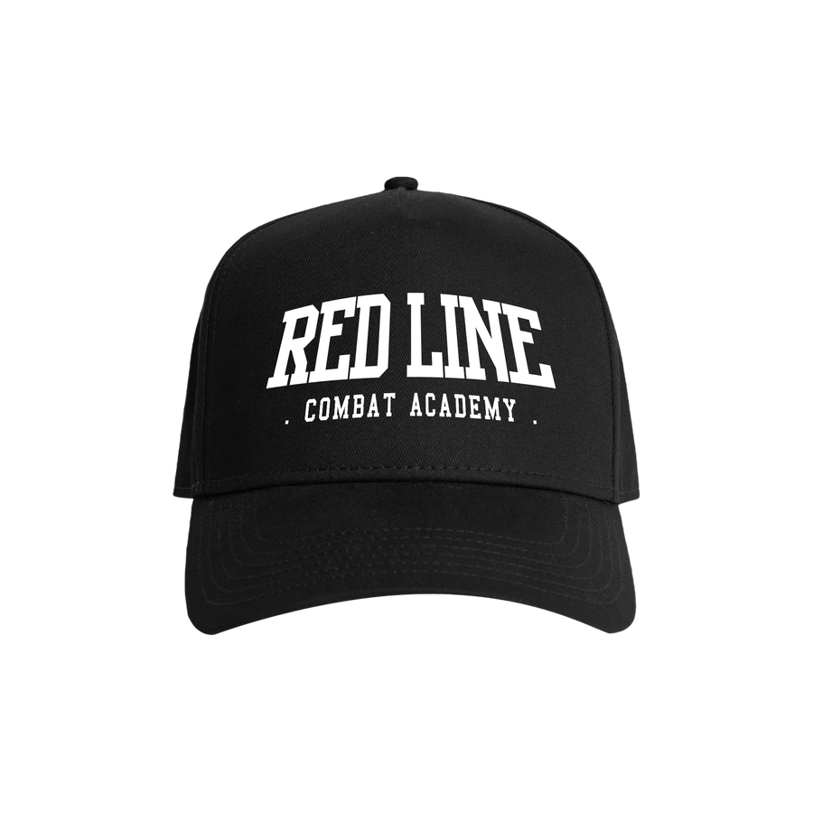 Black snapback hat with white logo front display, branded by Red Line Combat Academy, featuring a flat brim and adjustable strap.