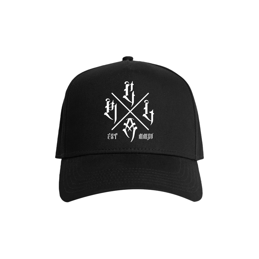 Black snapback hat by Red Line Combat Academy with white logo front, adjustable brim, and structured design.