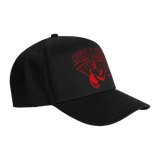Black snapback hat with red logo from Red Line Combat Academy, featuring a structured design and adjustable snap closure.