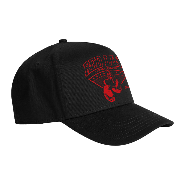 Black snapback hat with red logo from Red Line Combat Academy, featuring a structured design and adjustable snap closure.