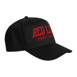 Black snapback hat with red logo from Red Line Combat Academy, showing side view with adjustable strap and branding detail.