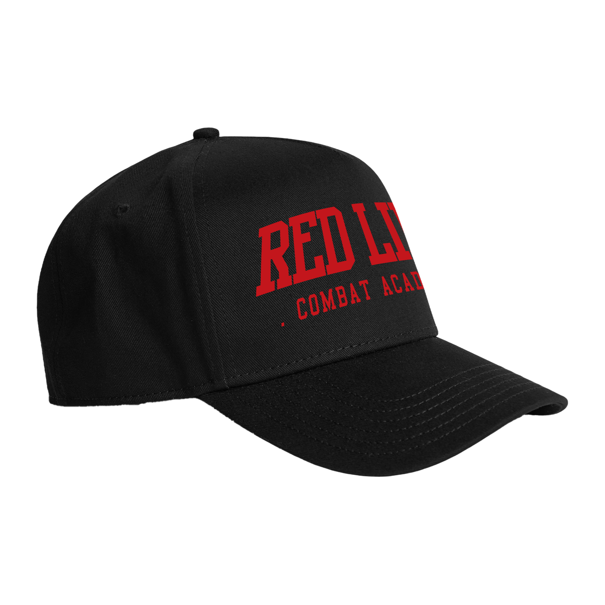 Black snapback hat with red logo from Red Line Combat Academy, showing side view with adjustable strap and branding detail.