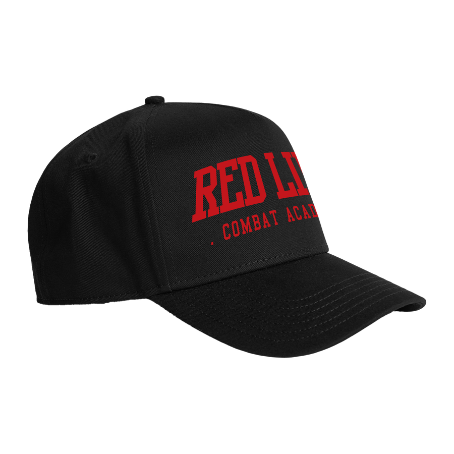 Black snapback hat with red logo from Red Line Combat Academy, showing side view with adjustable strap and branding detail.