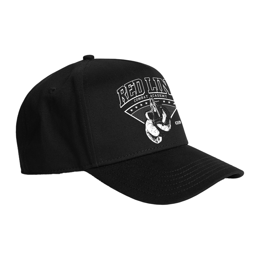 Black snapback hat with white logo from Red Line Combat Academy, side view showcasing the stylish design.