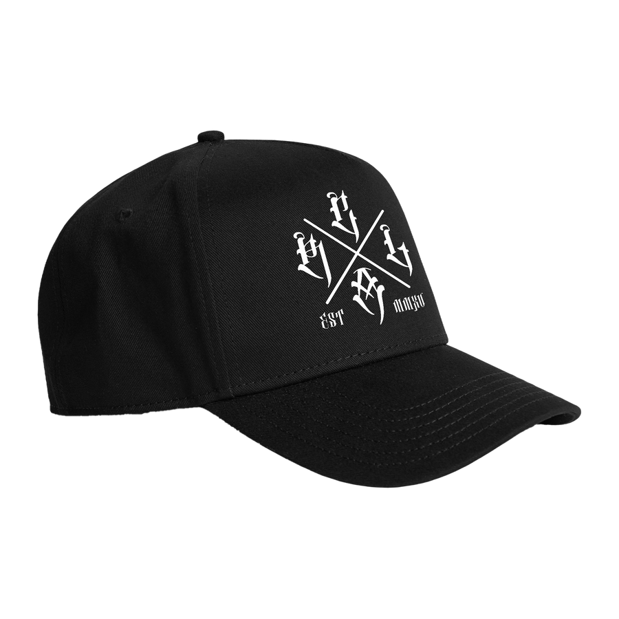 Red Line Combat Academy black snapback hat with white logo, side view showing adjustable brim and structured design.