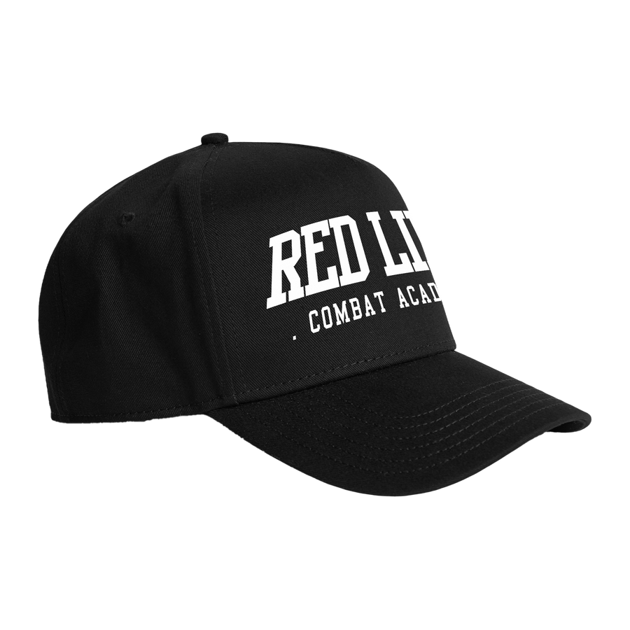 Black snapback hat with white logo from Red Line Combat Academy, shown from a side angle.