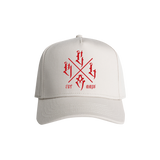 Red Line Combat Academy RLCA Bone Snapback Hat with red logo front, adjustable brim, and structured design.
