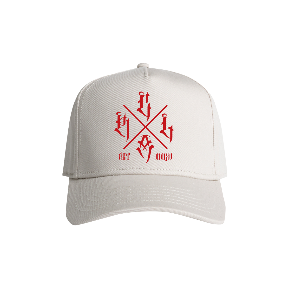 Red Line Combat Academy RLCA Bone Snapback Hat with red logo front, adjustable brim, and structured design.