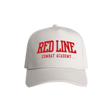 Red Line Combat Academy Bone Snapback Hat with red logo front view, adjustable brim and structured design.