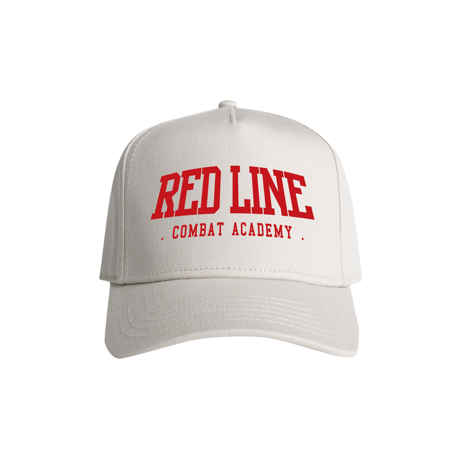 Red Line Combat Academy Bone Snapback Hat with red logo front view, adjustable brim and structured design.