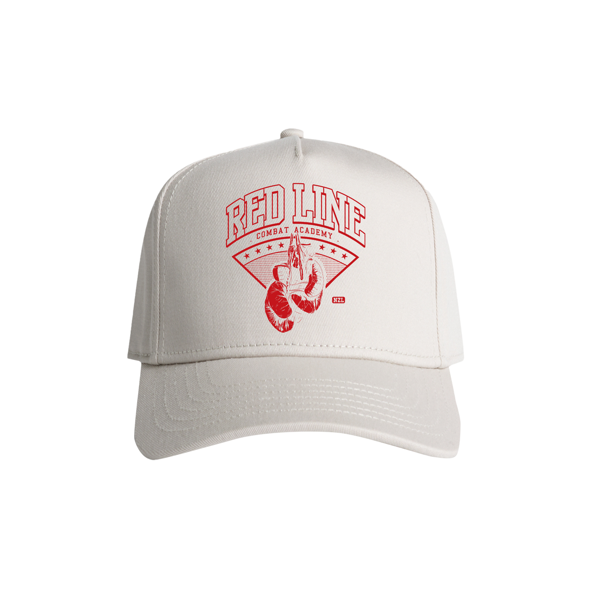 Red Line Combat Academy Bone Snapback Hat with red logo front, adjustable brim, and structured design.