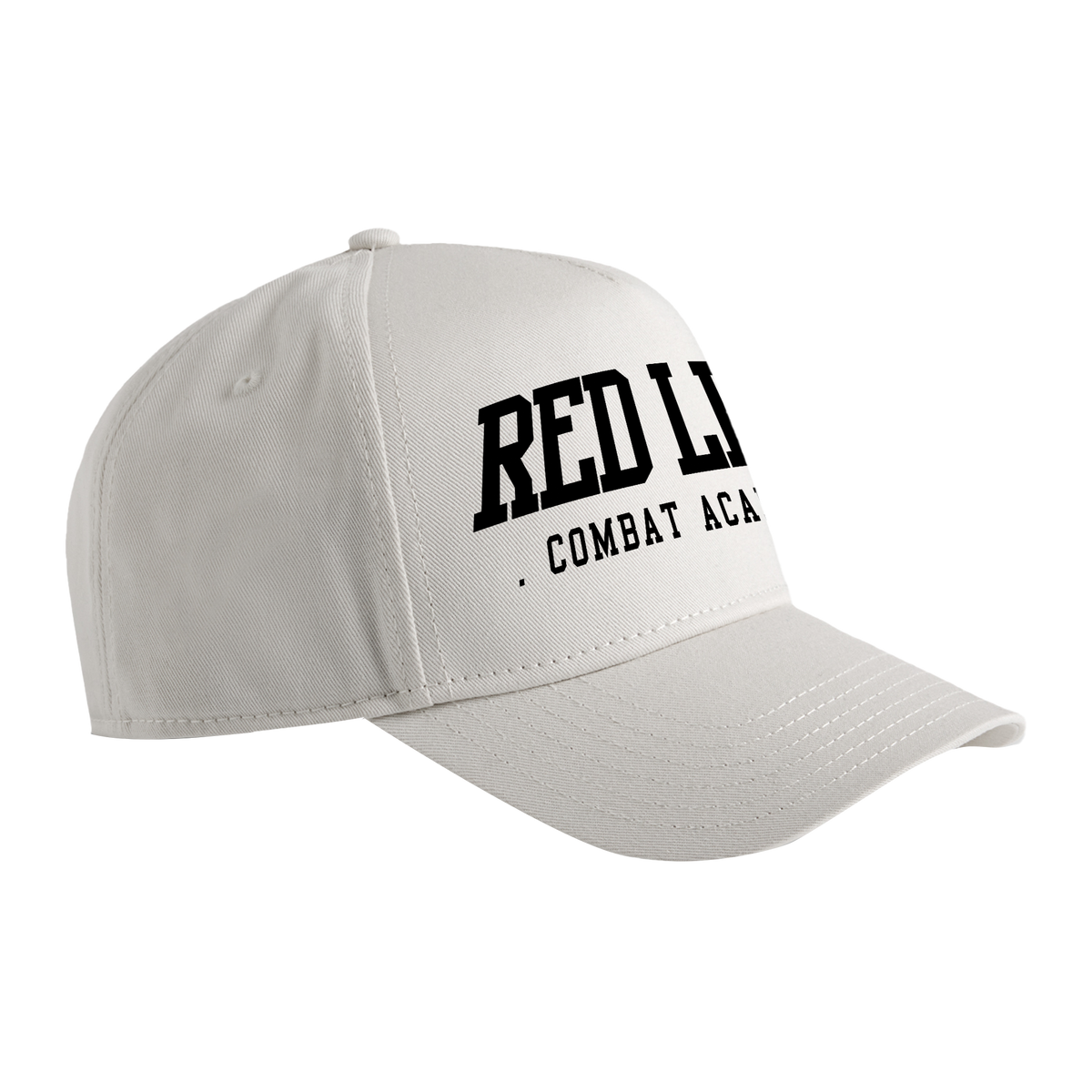 Red Line Combat Academy RLCA Bone Snapback Hat with black logo, side view showing adjustable strap and embroidered design