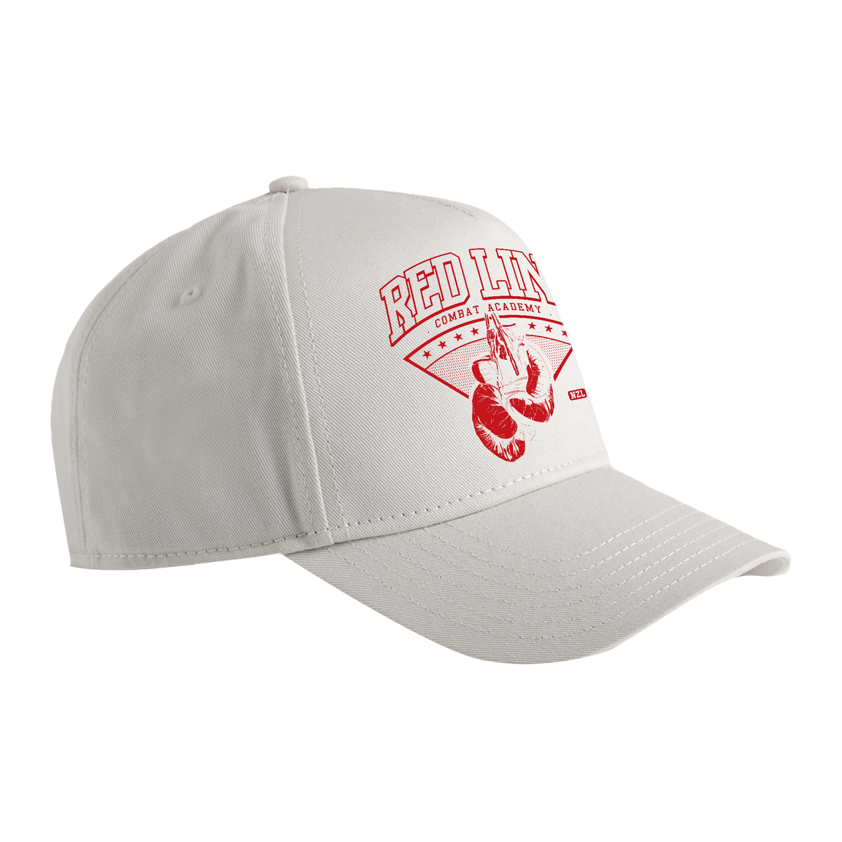 Red Line Combat Academy Bone Snapback Hat with red logo, side view showing structured cap and adjustable snap closure.