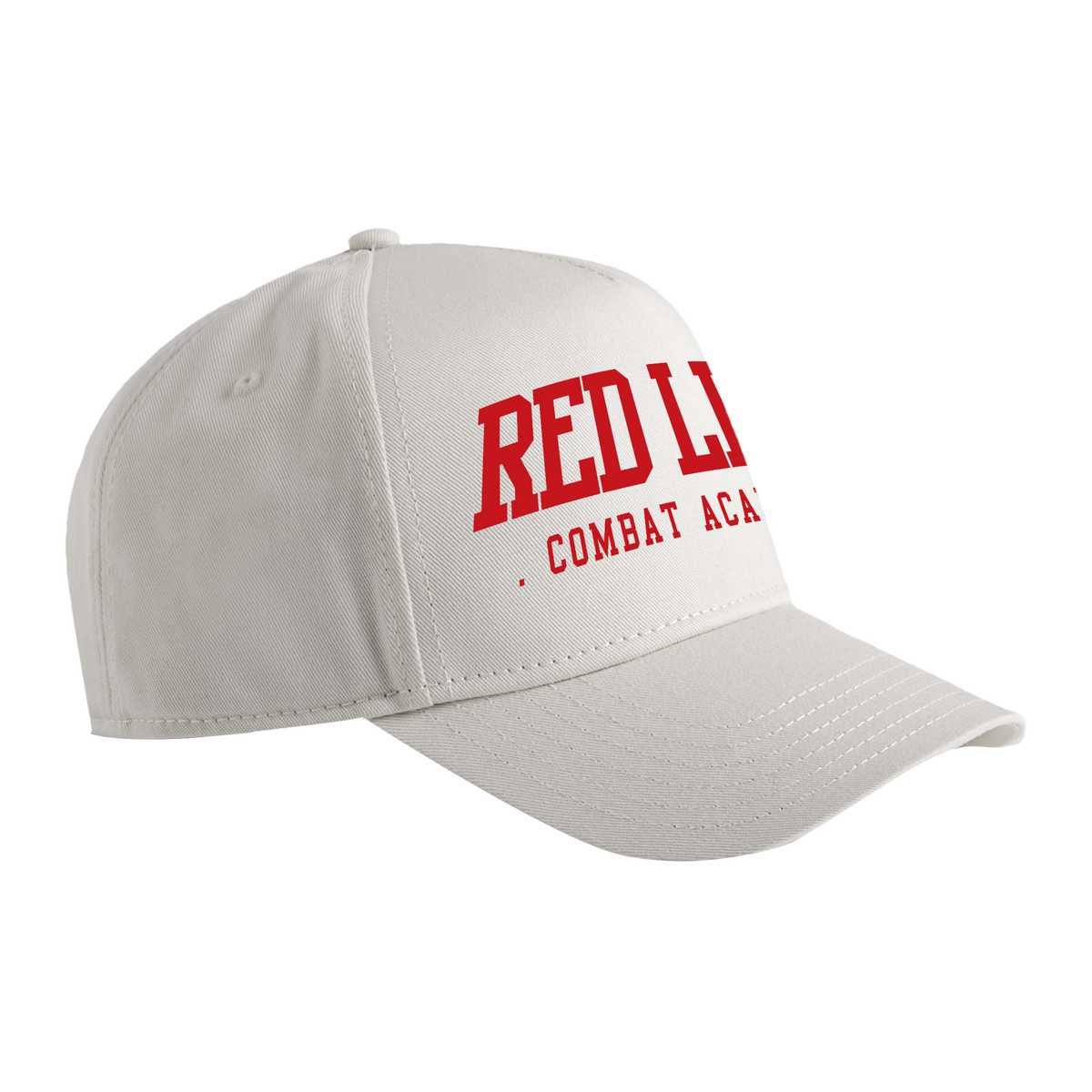 Red Line Combat Academy Bone Snapback Hat with red logo, featuring a side view of the adjustable cap with bone design.