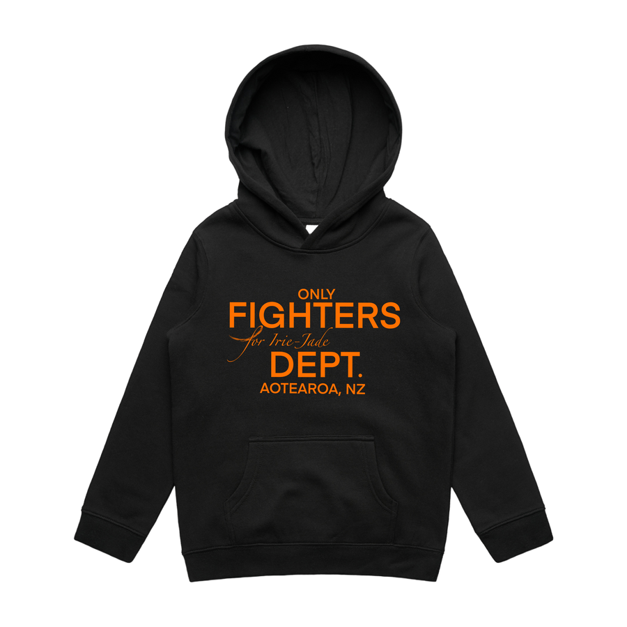 Kids black hoodie by Only Fighters for Irie Jade featuring front design, soft fabric, and comfortable fit.