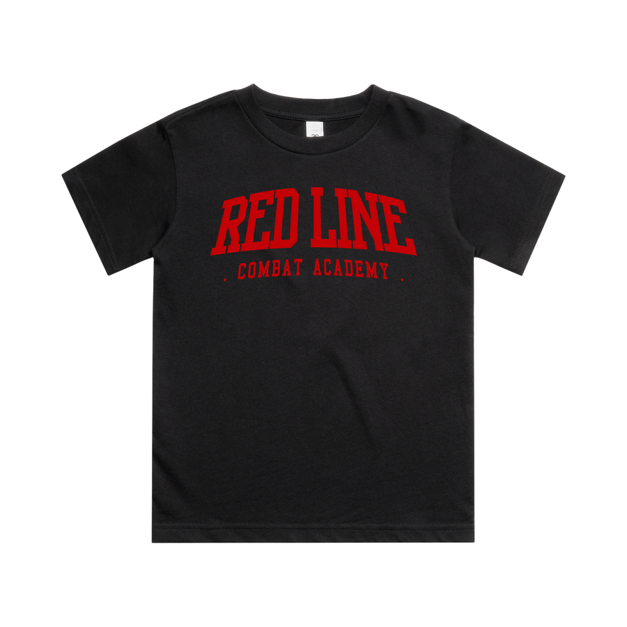 Kids Black T-shirt by Red Line Combat Academy featuring RLCA Ringside logo on front for kids' casual wear.