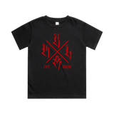 Kids black T-shirt by Red Line Combat Academy featuring a red cross graphic on the front.