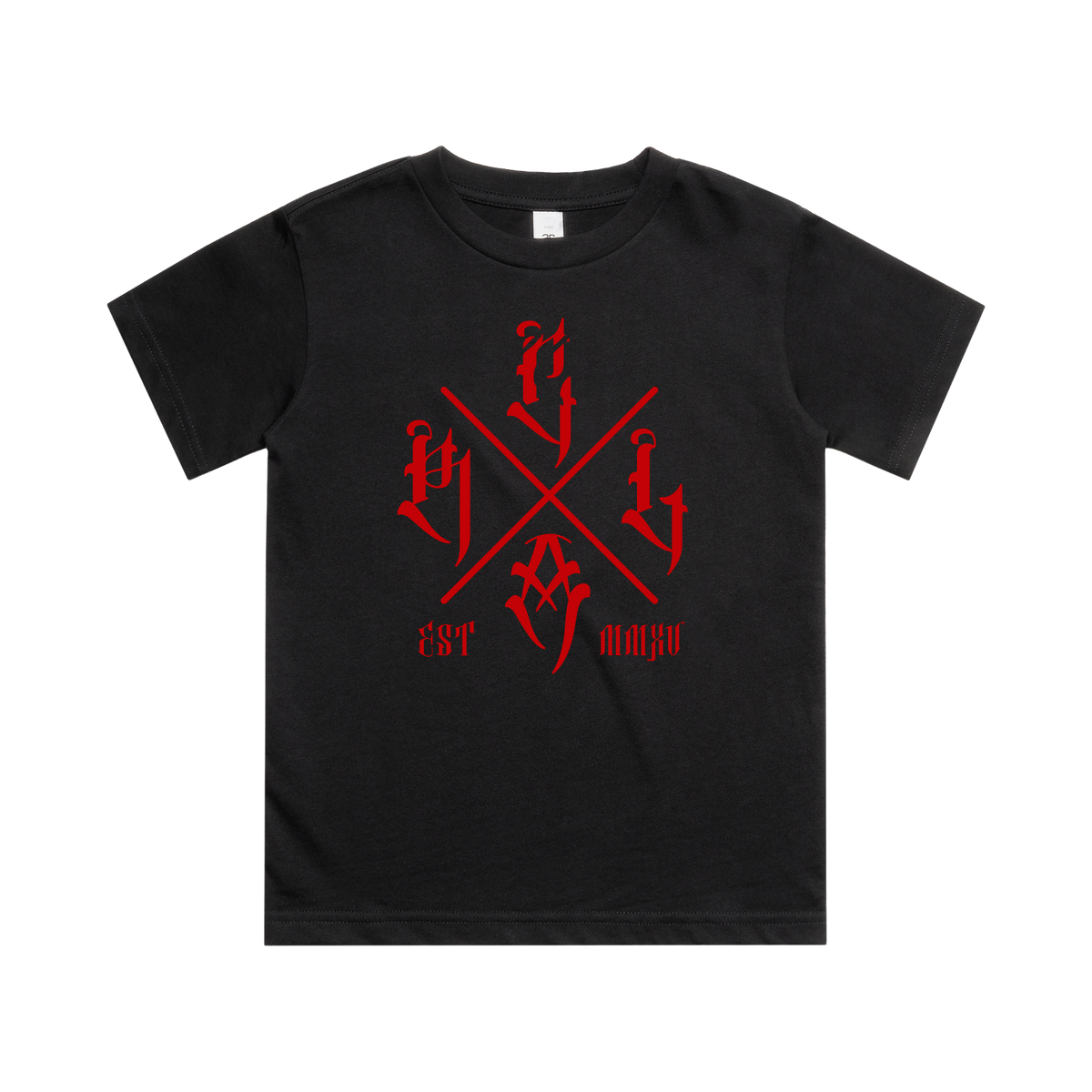 Kids black T-shirt by Red Line Combat Academy featuring a red cross graphic on the front.