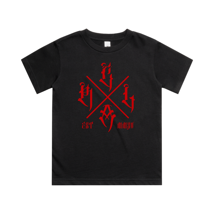 Kids black T-shirt by Red Line Combat Academy featuring a red cross graphic on the front.