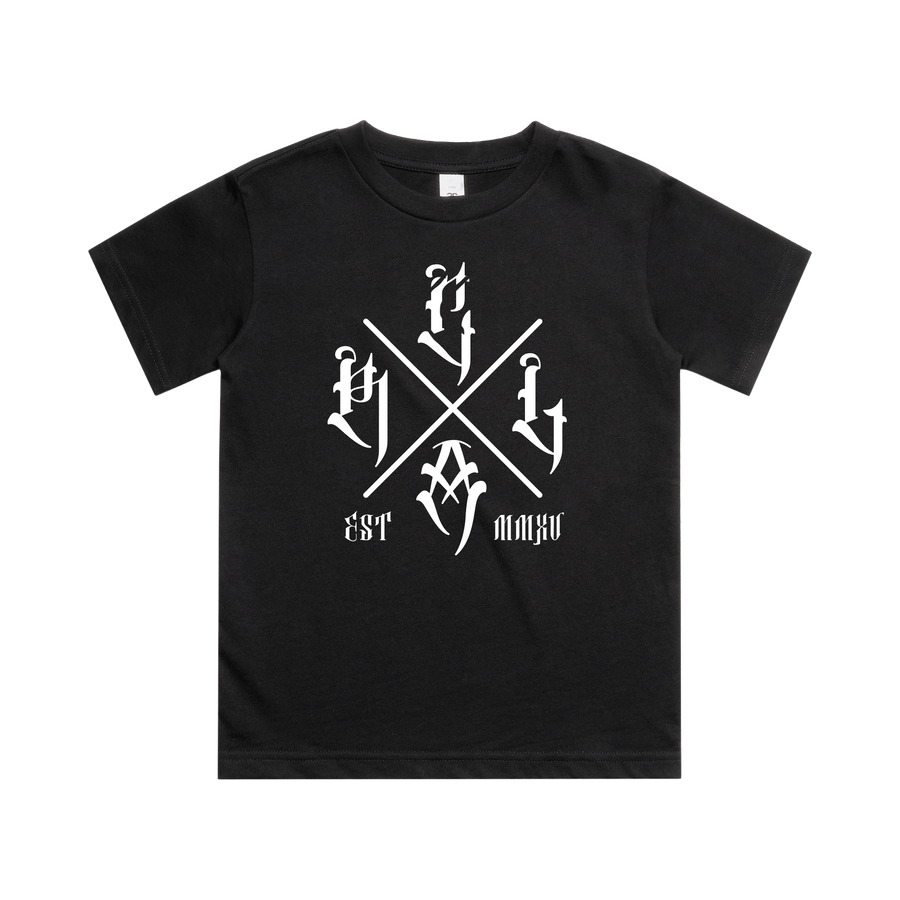 Kids black T-shirt from Red Line Combat Academy featuring a white "The Cross" design on the front.