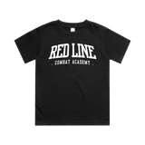 Kids black T-shirt by Red Line Combat Academy with white logo and design on the front, classic fit for kids.