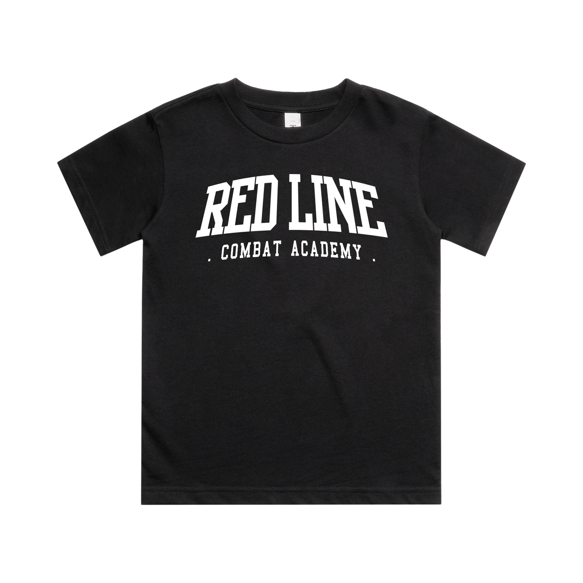 Kids black T-shirt by Red Line Combat Academy with white logo and design on the front, classic fit for kids.