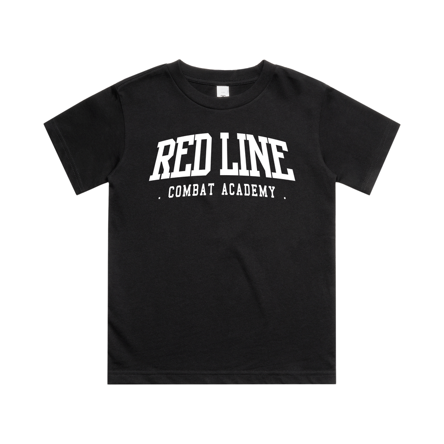 Kids black T-shirt by Red Line Combat Academy with white logo and design on the front, classic fit for kids.