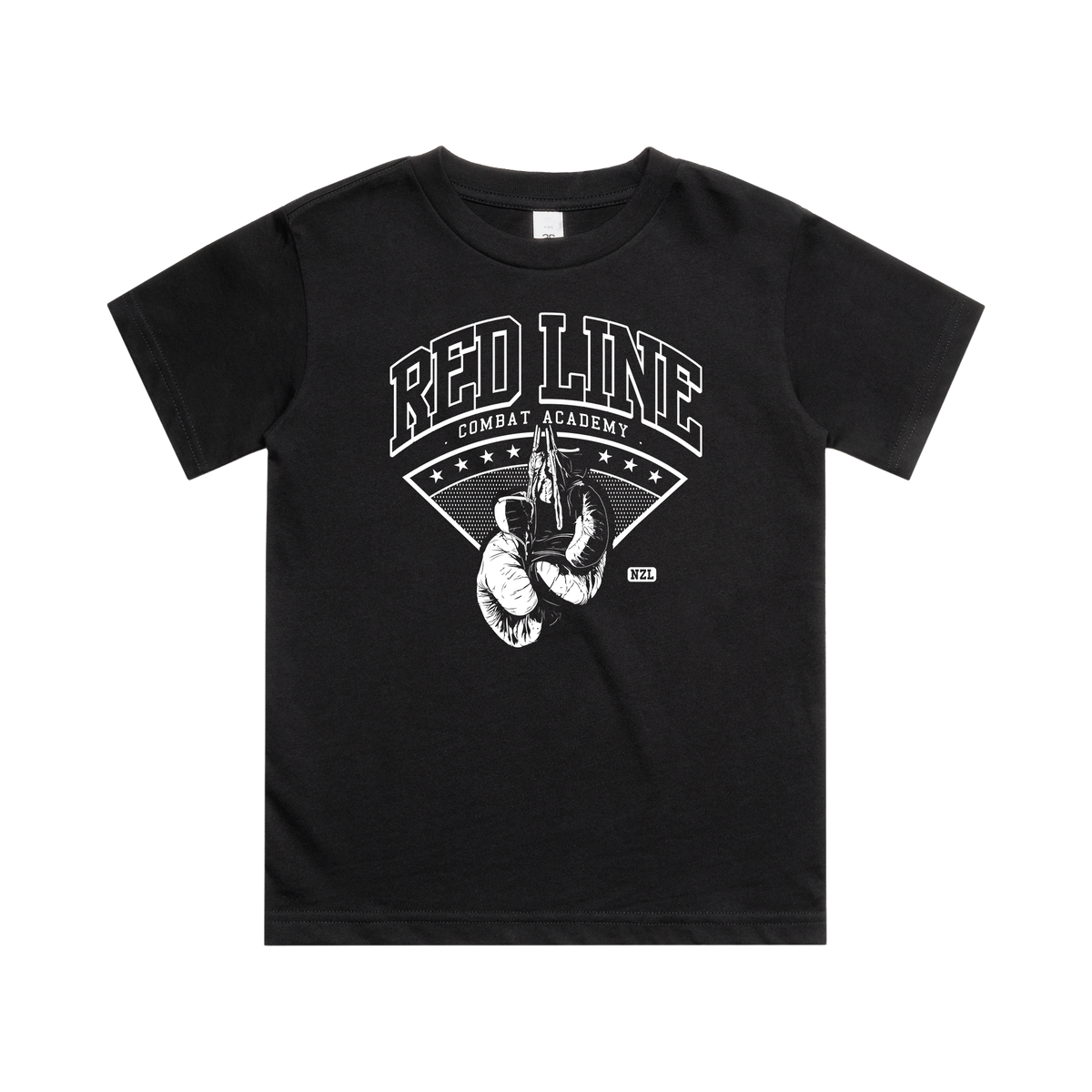 Kids black T-shirt from Red Line Combat Academy featuring a simple classic design, front view showing the logo and fit.