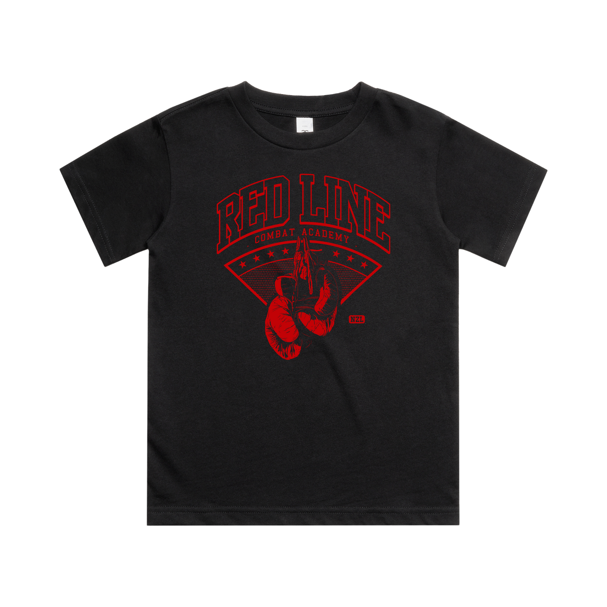 Kids black T-shirt by Red Line Combat Academy with a classic fit, front view showing the simple design and logo.