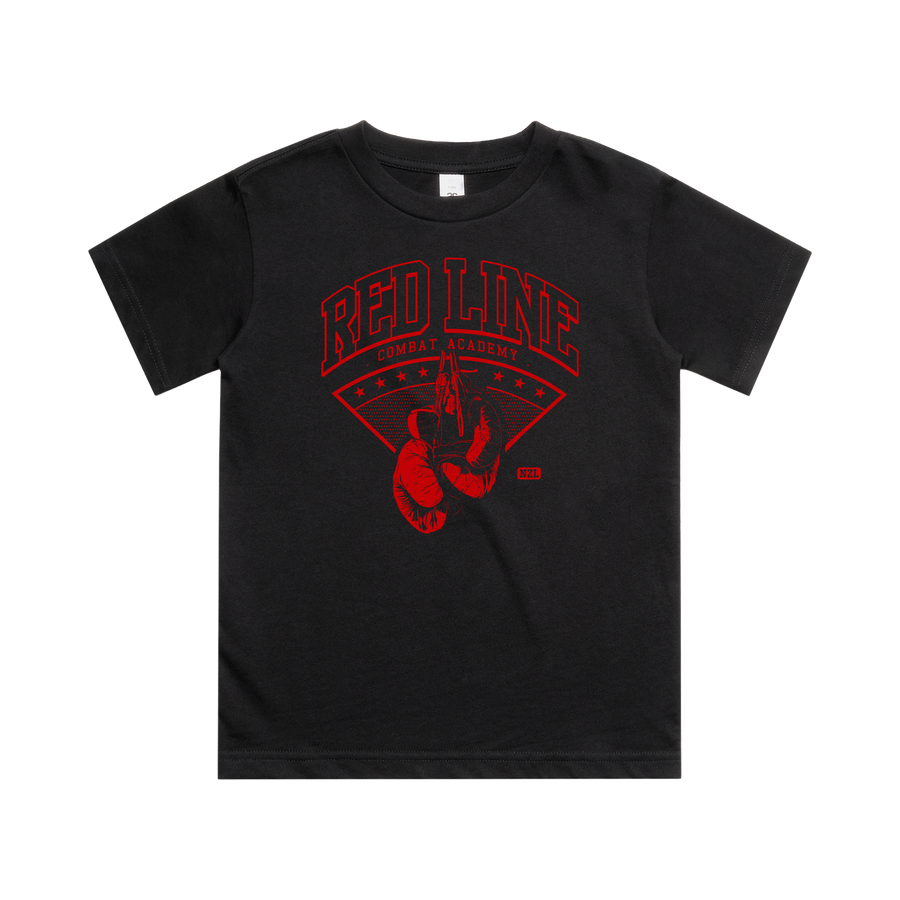 Kids black T-shirt by Red Line Combat Academy with a classic fit, front view showing the simple design and logo.