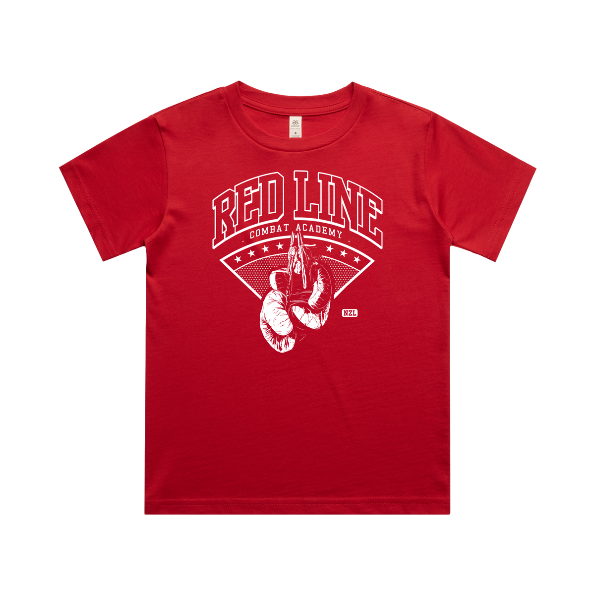 Kids Red Tee from Red Line Combat Academy, front view showing classic design and bright red color.