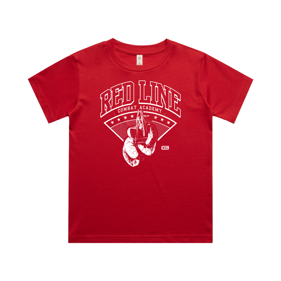 Kids Red Tee from Red Line Combat Academy, front view showing classic design and bright red color.