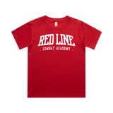 Kids Red Tee from Red Line Combat Academy featuring a classic design, white color, and front graphic for children.