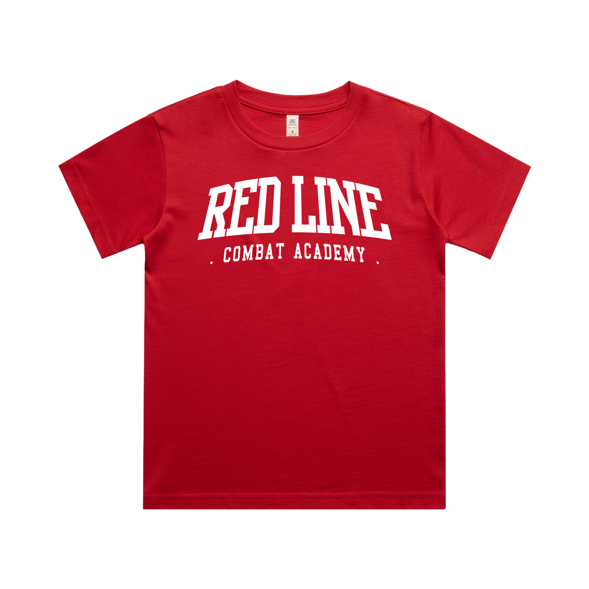 Kids Red Tee from Red Line Combat Academy featuring a classic design, white color, and front graphic for children.