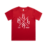 Kids Red T-shirt with The Cross logo in white from Red Line Combat Academy, front view showing classic design.