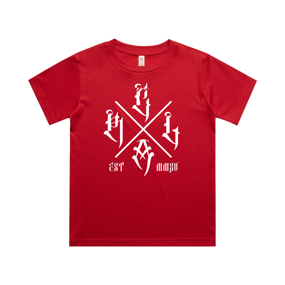 Kids Red T-shirt with The Cross logo in white from Red Line Combat Academy, front view showing classic design.