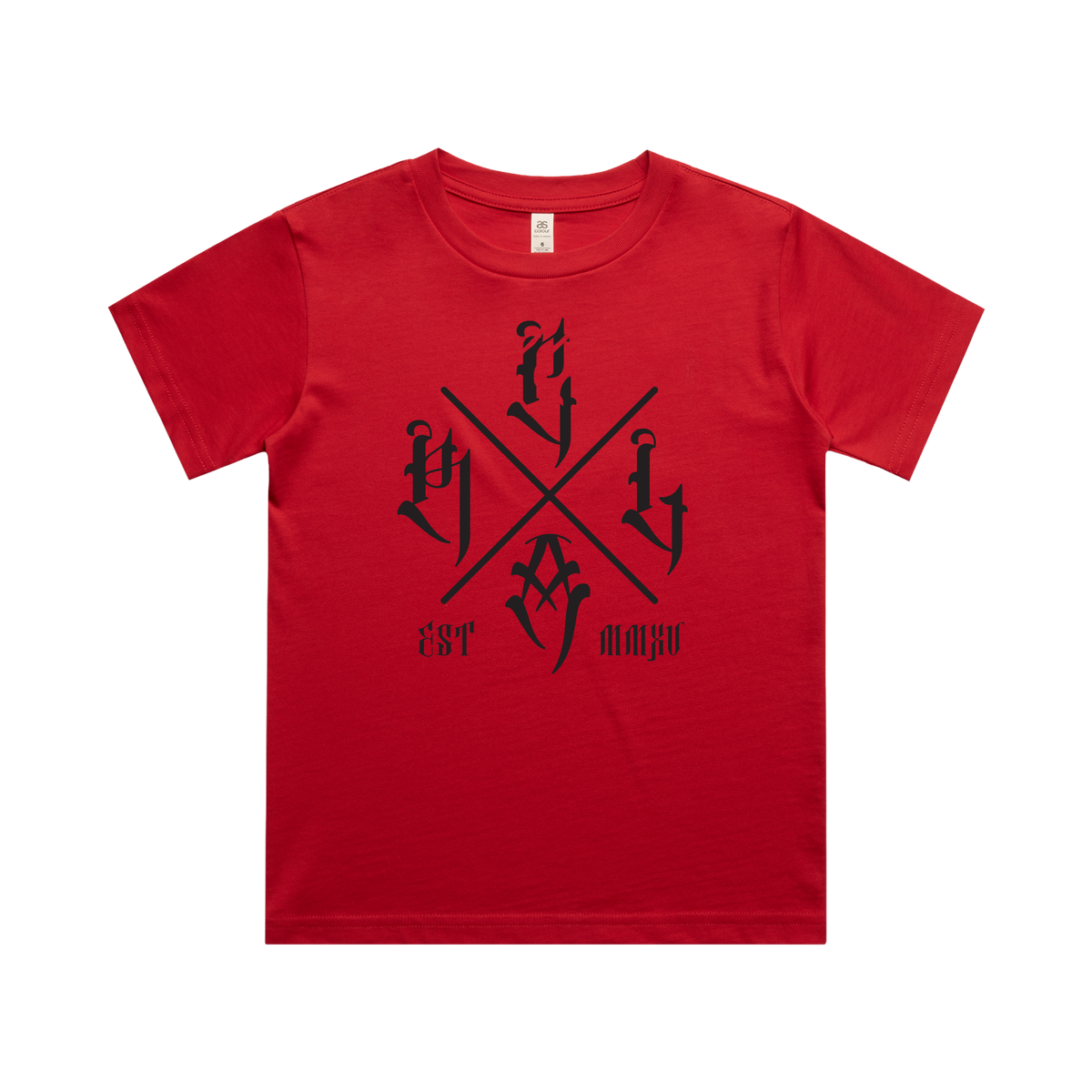 Kids Red Tee from Red Line Combat Academy with The Cross logo, featuring a black T-shirt design for children.