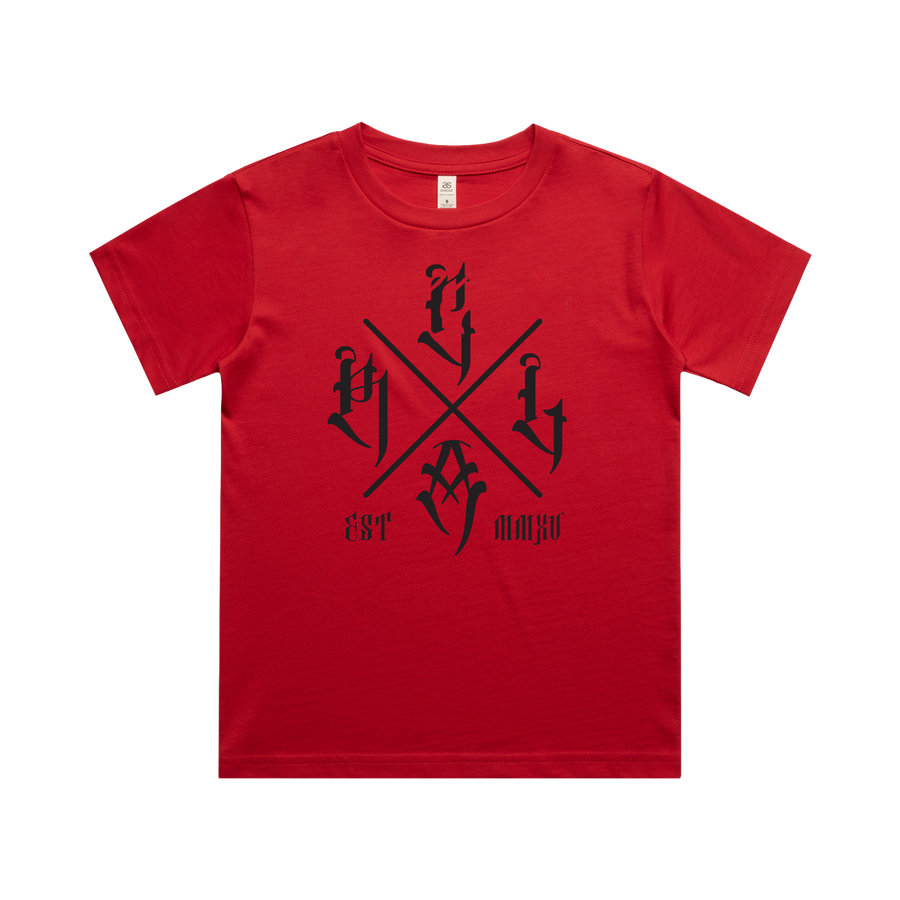 Kids Red Tee from Red Line Combat Academy with The Cross logo, featuring a black T-shirt design for children.